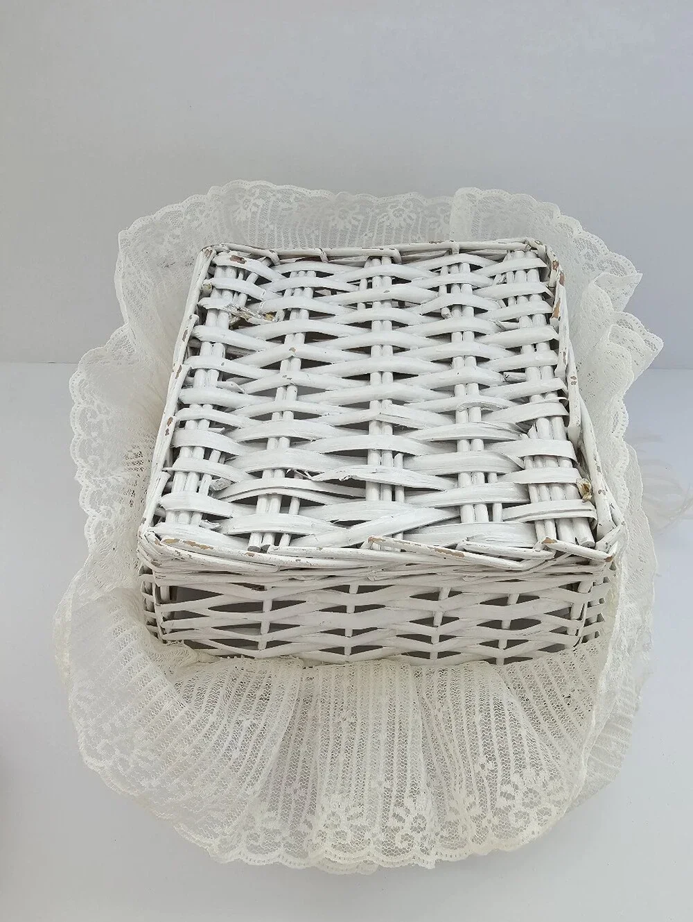 Vintage Shabby Chic Flower Girl Basket Lace Ostrich Feather Cottagecore
